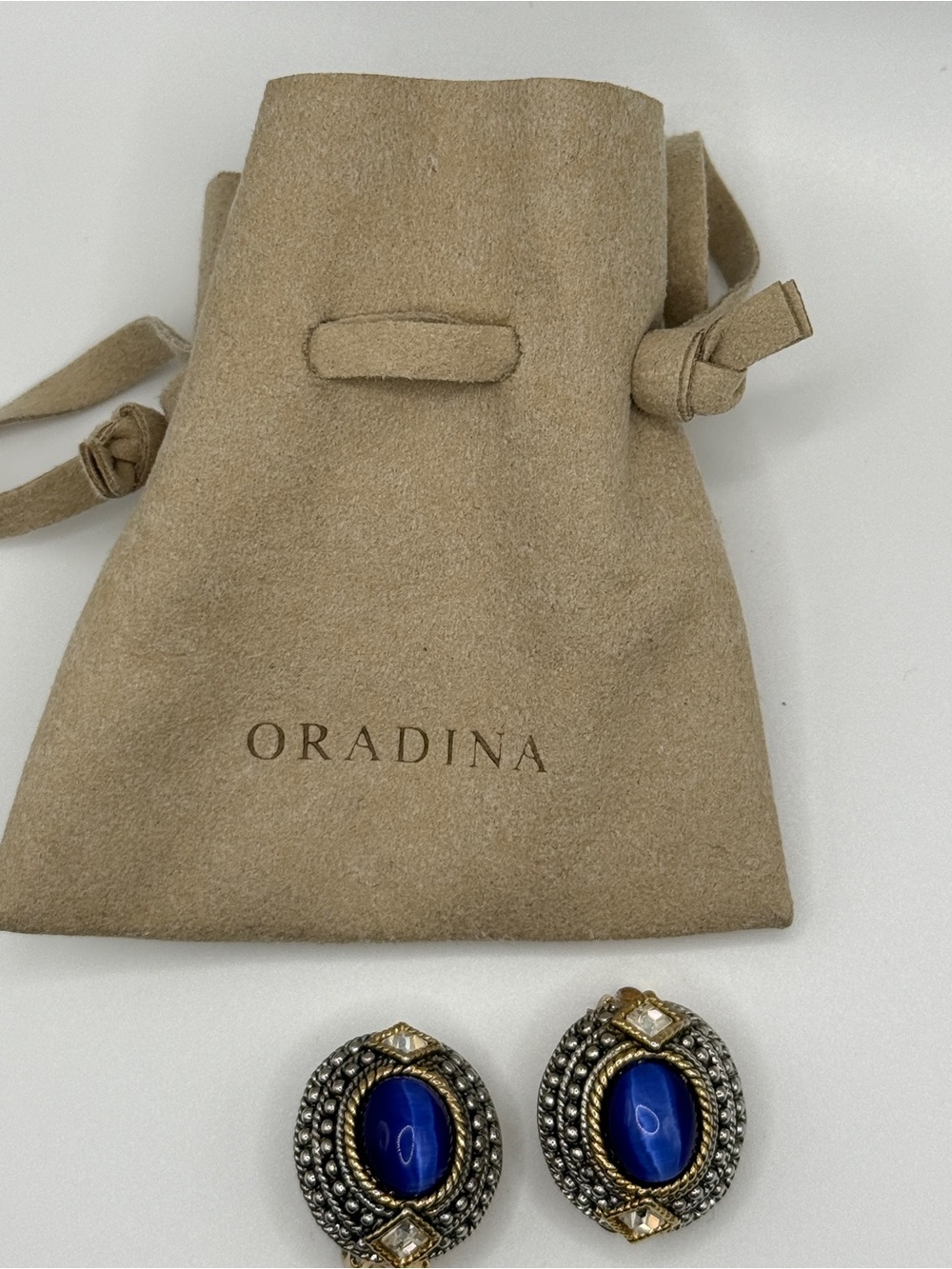 Blue Cabochon Oval Earrings with Mixed Metal Accents